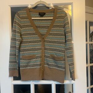 Womens Pendleton Merino Wool Blue and Tan Patterned Cardigan